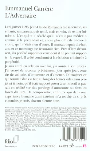 Quatrième de couverture de « L'ADVERSAIRE »