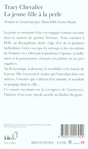 Quatrième de couverture de « LA JEUNE FILLE A LA PERLE »