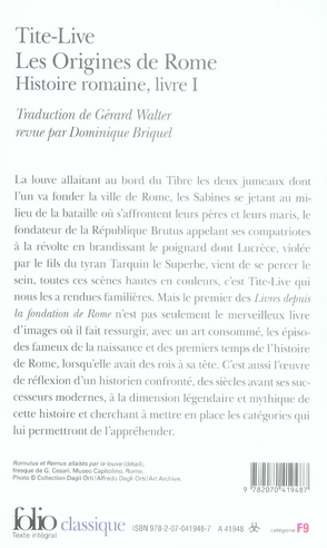Quatrième de couverture de « HISTOIRE ROMAINE - I - LES ORIGINES DE ROME »