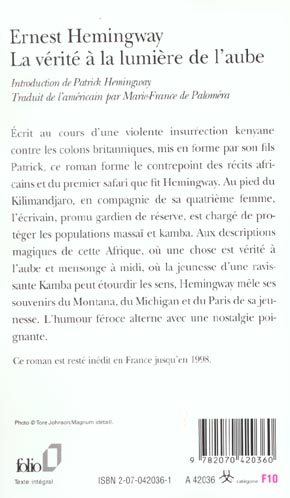 Quatrième de couverture de « LA VERITE A LA LUMIERE DE L'AUBE »