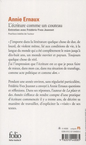 Quatrième de couverture de « L'ECRITURE COMME UN COUTEAU »