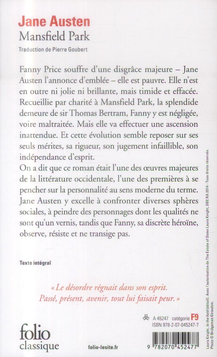 Quatrième de couverture de « Mansfield Park »