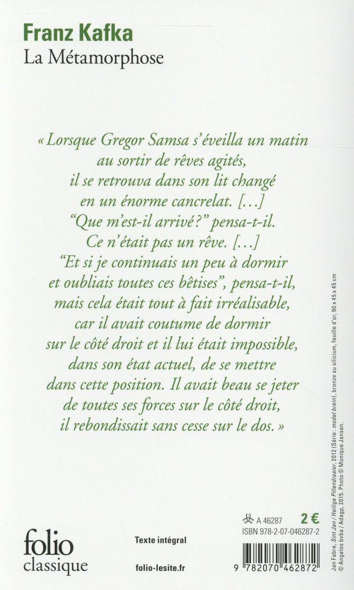 Quatrième de couverture de « La métamorphose »