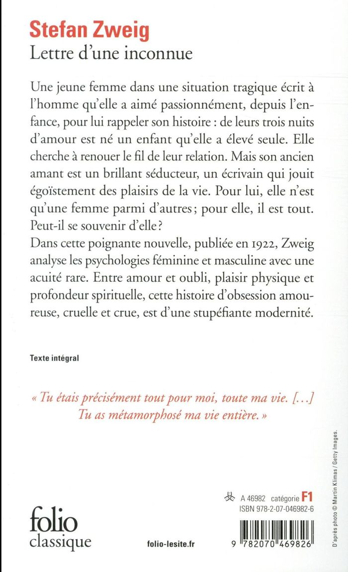 Quatrième de couverture de « LETTRE D'UNE INCONNUE »