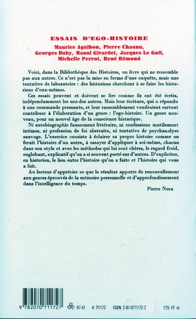 Quatrième de couverture de « ESSAIS D'EGO-HISTOIRE »