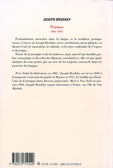Quatrième de couverture de « POEMES - (1961-1987) »