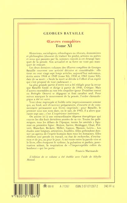Quatrième de couverture de « OEUVRES COMPLETES - VOL11 »