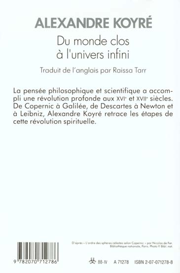 Quatrième de couverture de « DU MONDE CLOS A L'UNIVERS INFINI »