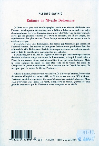 Quatrième de couverture de « ENFANCE DE NIVASIO DOLCEMARE »