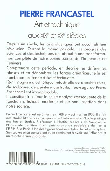 Quatrième de couverture de « ART ET TECHNIQUE AUX XIX ET XX SIECLES »