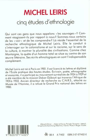 Quatrième de couverture de « CINQ ETUDES D'ETHNOLOGIE »