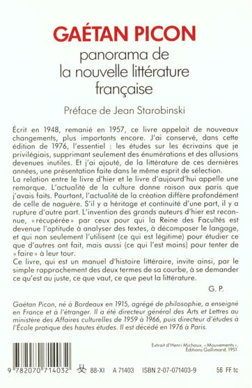 Quatrième de couverture de « PANORAMA DE LA NOUVELLE LITTERATURE FRANCAISE »