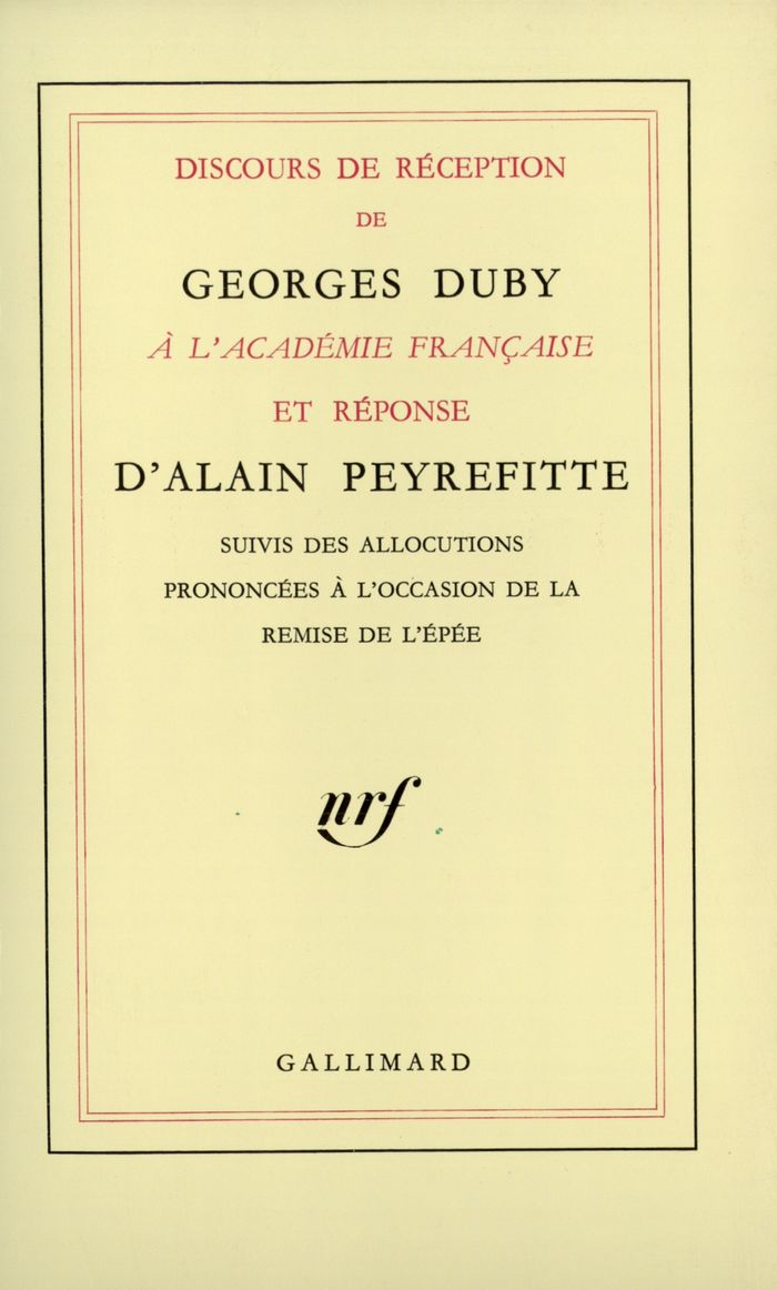 Couverture du livre « DISCOURS DE RECEPTION A L'ACADEMIE FRANCAISE ET REPONSE D'ALAIN PEYREFITTE » de Peyrefitte/duby, librairie Les Contes Infusés à Corte