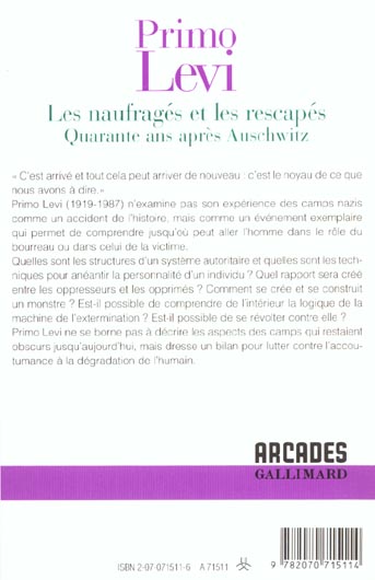 Quatrième de couverture de « LES NAUFRAGES ET LES RESCAPES - QUARANTE ANS APRES AUSCHWITZ »