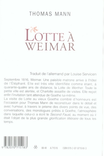 Quatrième de couverture de « LOTTE A WEIMAR »