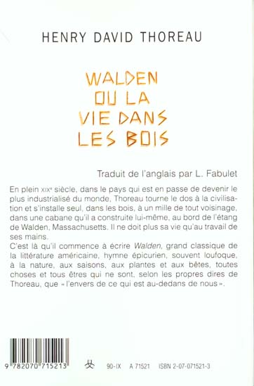 Quatrième de couverture de « WALDEN OU LA VIE DANS LES BOIS »