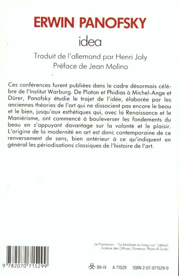 Quatrième de couverture de « IDEA - CONTRIBUTION A L'HISTOIRE DU CONCEPT DE L'ANCIENNE THEORIE DE L'ART »