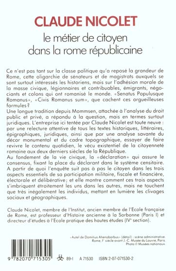 Quatrième de couverture de « LE METIER DE CITOYEN DANS LA ROME REPUBLICAINE »