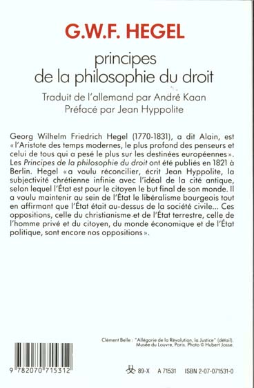 Quatrième de couverture de « PRINCIPES DE LA PHILOSOPHIE DU DROIT »