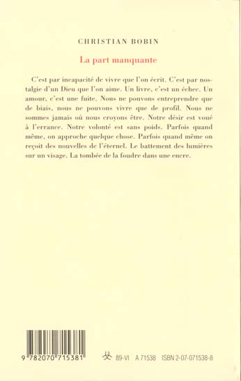 Quatrième de couverture de « LA PART MANQUANTE »
