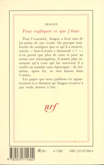 Quatrième de couverture de « POUR EXPLIQUER CE QUE J'ETAIS »