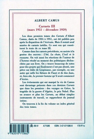 Quatrième de couverture de « CARNETS - VOL03 - MARS 1951 - DECEMBRE 1959 »