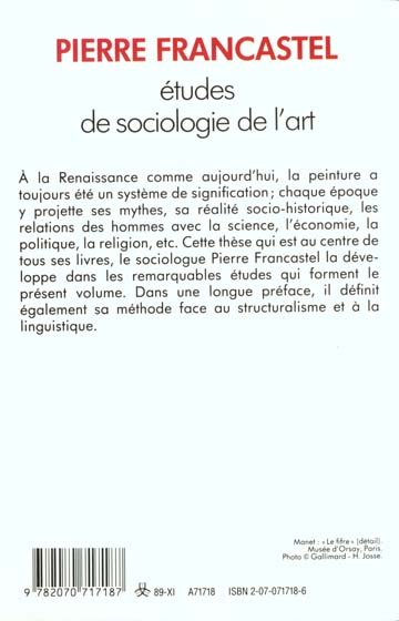 Quatrième de couverture de « ETUDES DE SOCIOLOGIE DE L'ART »