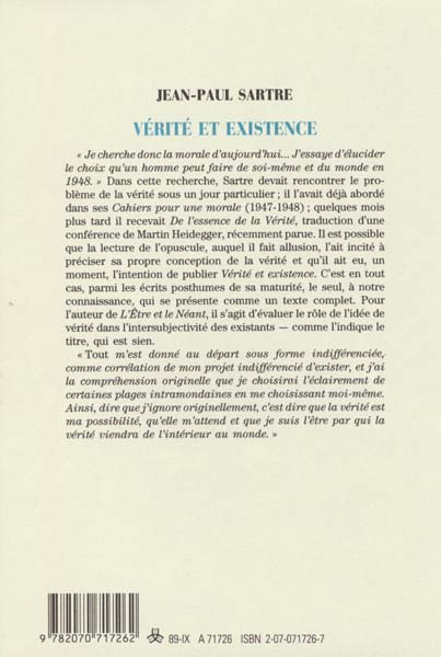 Quatrième de couverture de « VERITE ET EXISTENCE »