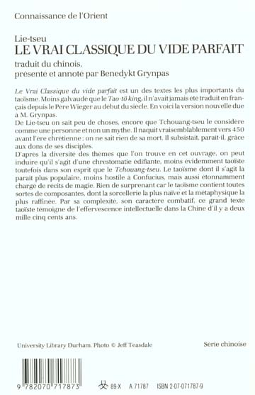 Quatrième de couverture de « LE VRAI CLASSIQUE DU VIDE PARFAIT »
