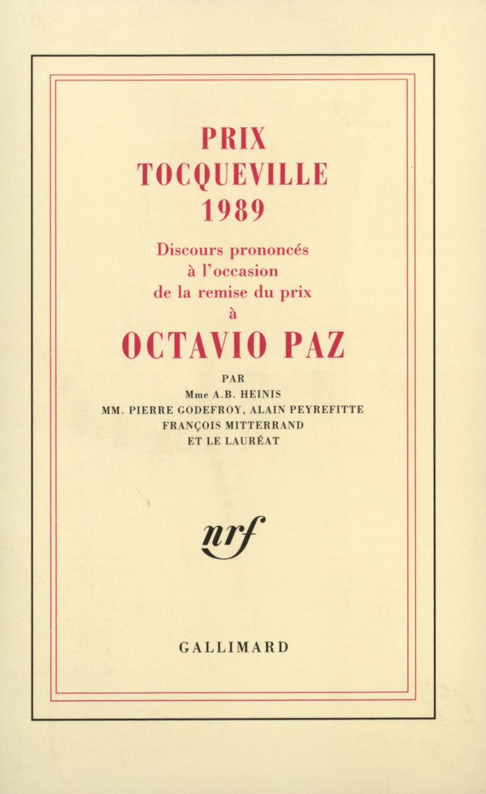 Couverture du livre « DISCOURS PRONONCES A L'OCCASION DE LA REMISE DU PRIX TOCQUEVILLE 1989 A OCTAVIO PAZ » de Heinis/godefroy/paz, librairie Les Contes Infusés à Corte