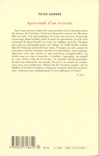 Quatrième de couverture de « APRES-MIDI D'UN ECRIVAIN »