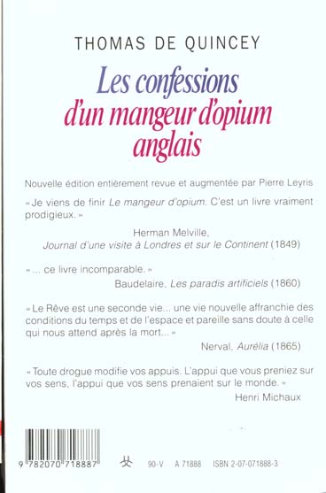 Quatrième de couverture de « LES CONFESSIONS D'UN MANGEUR D'OPIUM ANGLAIS / SUSPIRIA DE PROFUNDIS /LA MALLE-POSTE ANGLAISE »