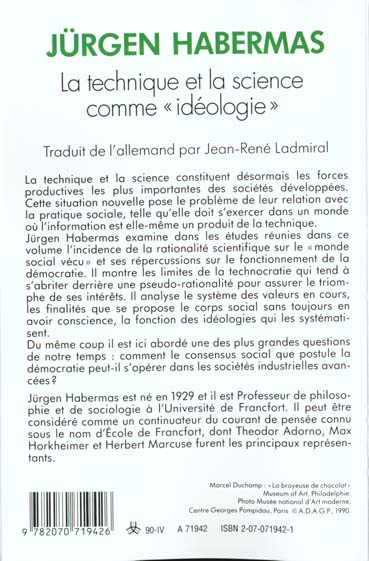 Quatrième de couverture de « LA TECHNIQUE ET LA SCIENCE COMME "IDEOLOGIE" »
