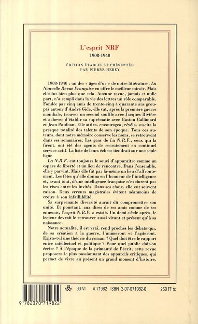 Quatrième de couverture de « L'ESPRIT NRF - (1908-1940) »