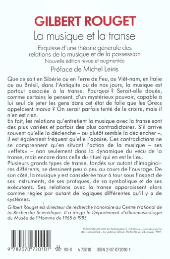 Quatrième de couverture de « LA MUSIQUE ET LA TRANSE - ESQUISSE D'UNE THEORIE GENERALE DES RELATIONS DE LA MUSIQUE ET DE LA POSSE »