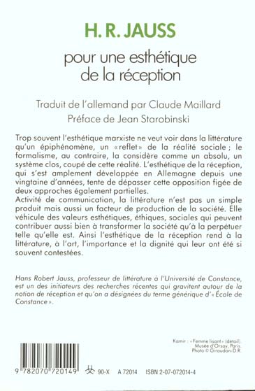 Quatrième de couverture de « POUR UNE ESTHETIQUE DE LA RECEPTION »