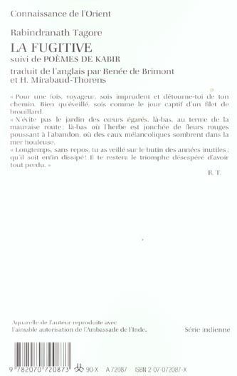 Quatrième de couverture de « LA FUGITIVE/POEMES DE KABIR »