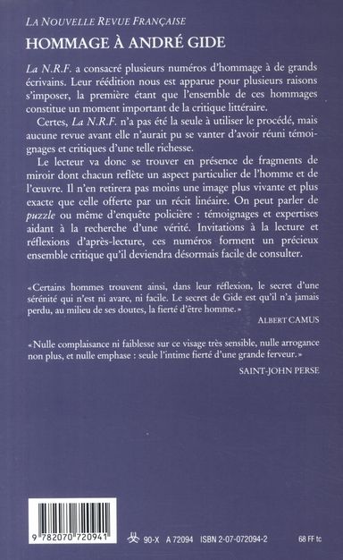 Quatrième de couverture de « HOMMAGE A ANDRE GIDE - (1869-1951) »