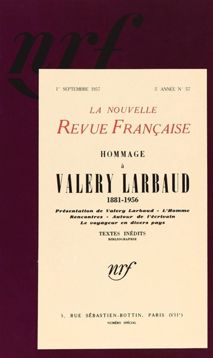 Couverture du livre « HOMMAGE A VALERY LARBAUD - (1881-1957) » de Collectif, librairie Les Contes Infusés à Corte