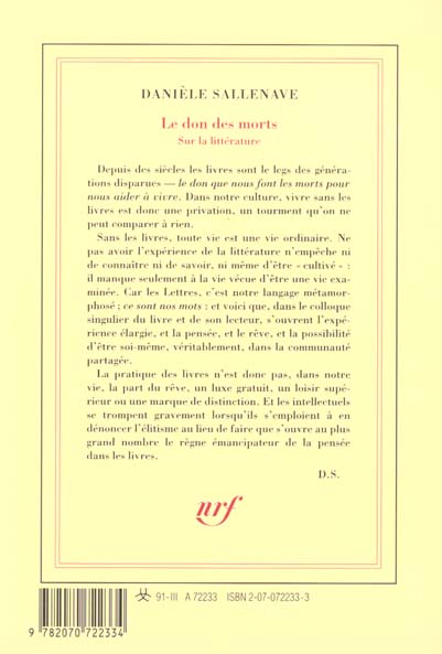Quatrième de couverture de « LE DON DES MORTS - SUR LA LITTERATURE »