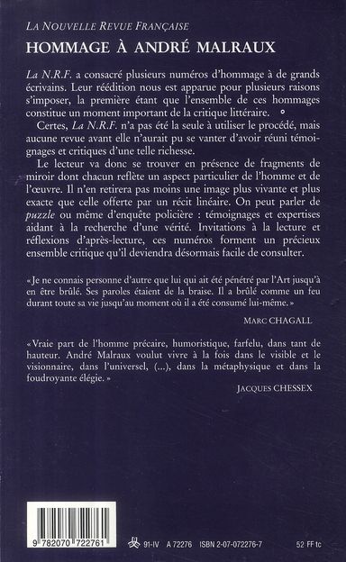 Quatrième de couverture de « HOMMAGE A ANDRE MALRAUX - (1901-1976) »
