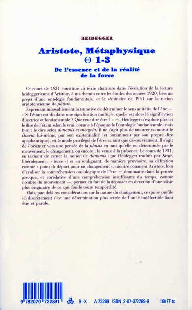 Quatrième de couverture de « ARISTOTE, METAPHYSIQUE [THETA] 1-3 - DE L'ESSENCE ET DE LA REALITE DE LA FORCE »
