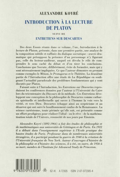 Quatrième de couverture de « INTRODUCTION A LA LECTURE DE PLATON / ENTRETIENS SUR DESCARTES »