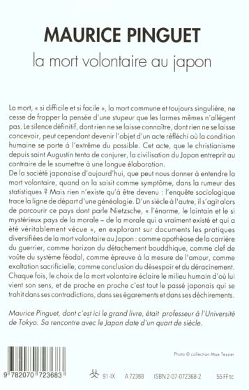 Quatrième de couverture de « LA MORT VOLONTAIRE AU JAPON »