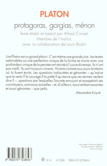 Quatrième de couverture de « PROTAGORAS - GORGIAS - MENON »