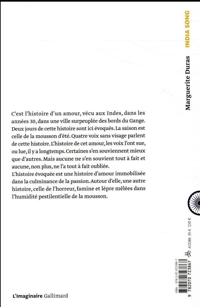 Quatrième de couverture de « INDIA SONG - TEXTE THEATRE FILM »