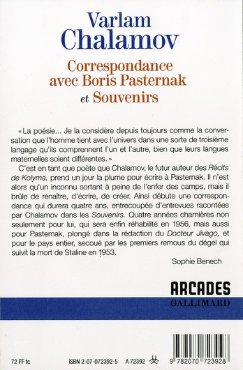 Quatrième de couverture de « CORRESPONDANCE AVEC BORIS PASTERNAK / SOUVENIRS »