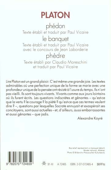 Quatrième de couverture de « PHEDON - LE BANQUET - PHEDRE »