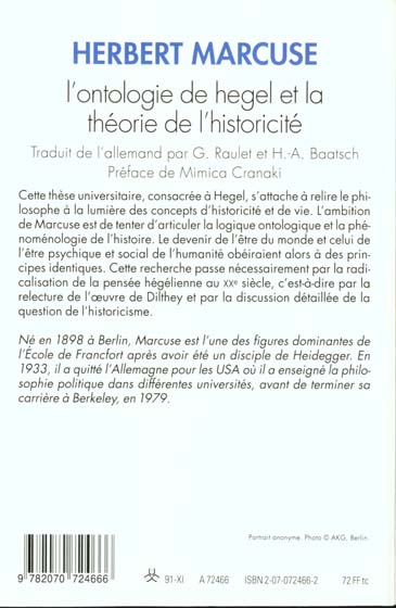Quatrième de couverture de « L'ONTOLOGIE DE HEGEL ET LA THEORIE DE L'HISTORICITE »