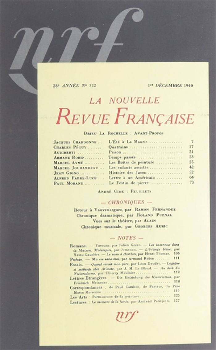 Couverture du livre « LA NOUVELLE REVUE FRANCAISE - DECEMBRE 1940 - JUIN 1941 » de Collectif, librairie Les Contes Infusés à Corte